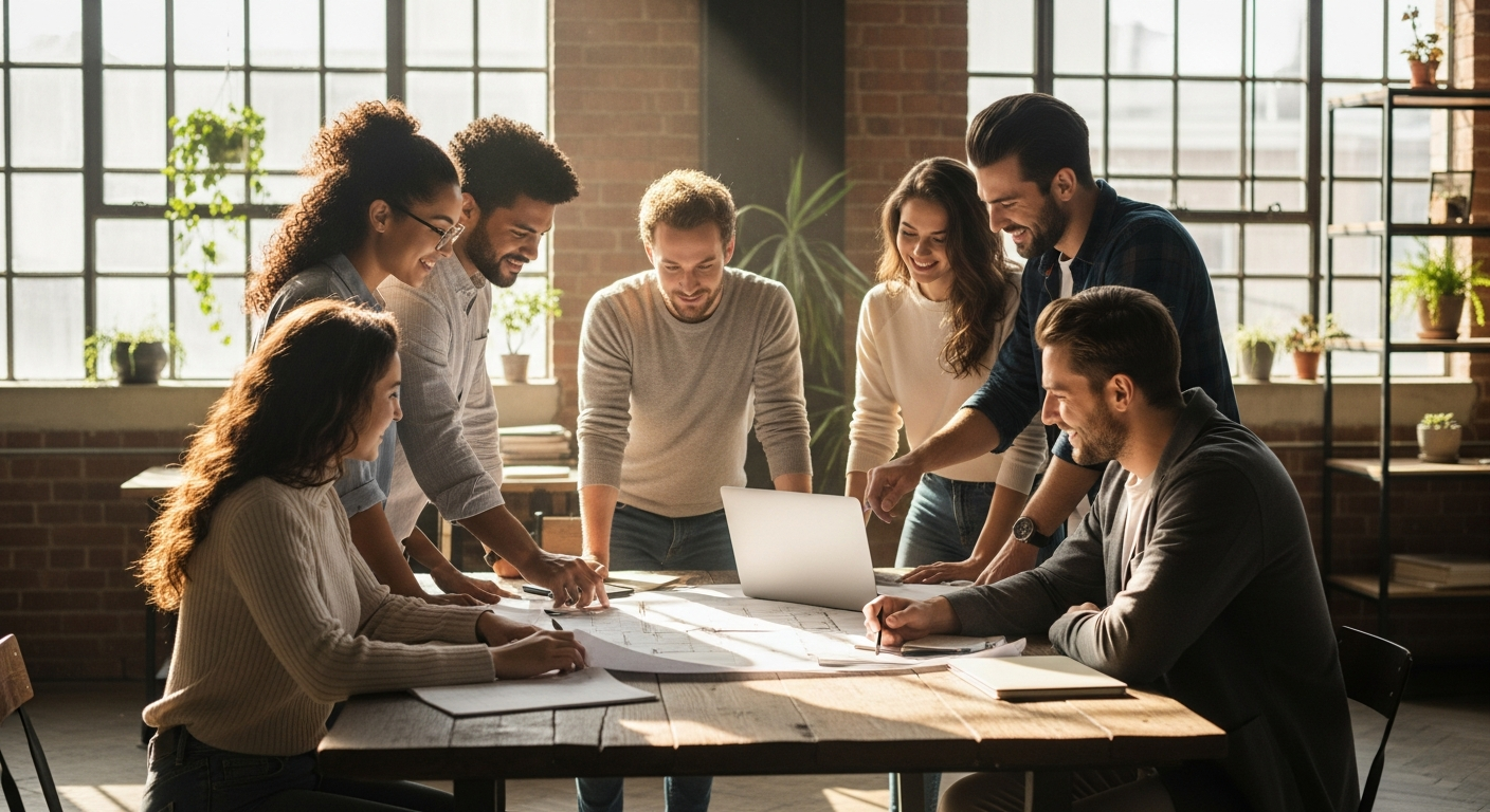 A group of community members collaborating on a construction site