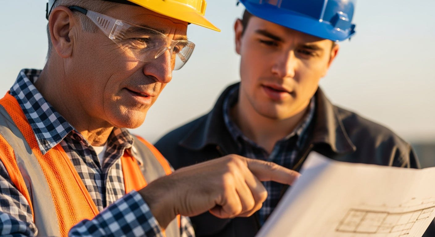 A mentor and apprentice working together on a construction site